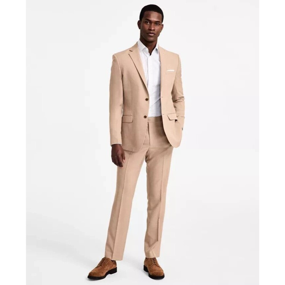 $395 NEW DKNY Mens 52R Solid Tan Soft 2 Piece Suit With Dress Pants 47x29
